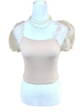Alter’d State Top Knit Sheer Puff Sleeves Beige Pink (S)